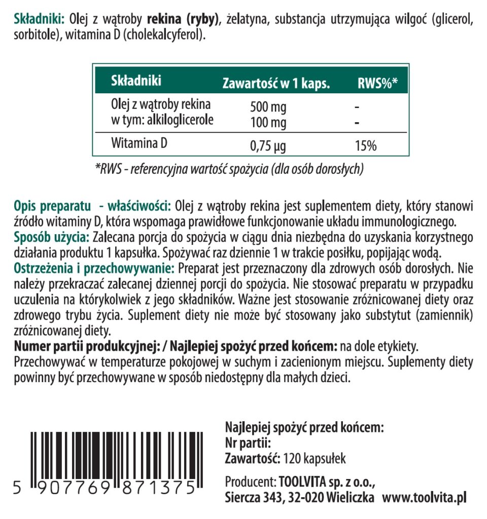 OLEJ Z WĄTROBY REKINA, WIT. D | 120 kapsułek – zdjęcie 3