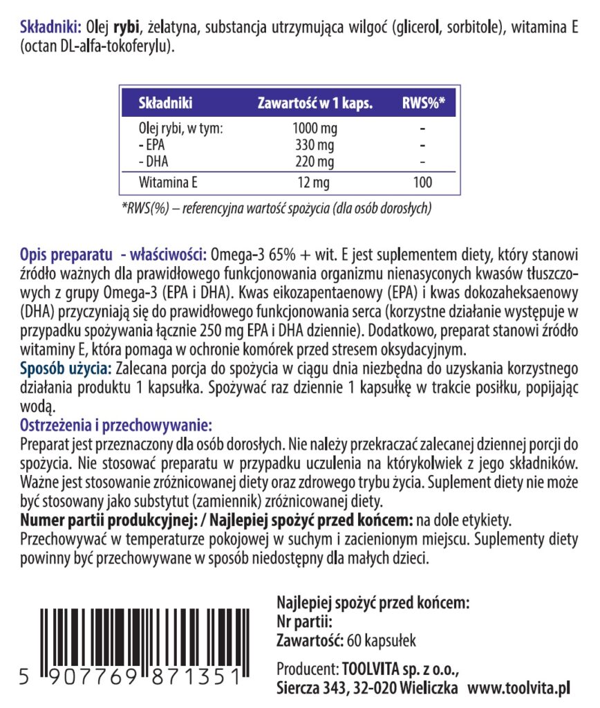 OMEGA 3 65%, WIT. E, EPA, DHA | 60 kapsułek – zdjęcie 3